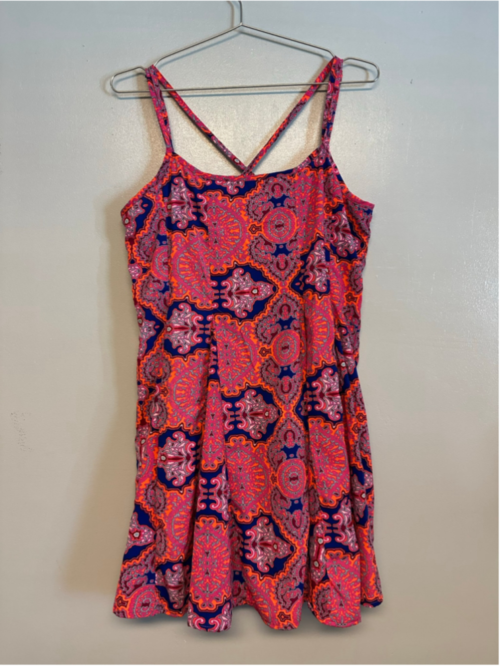 GB Mini Dress Size Large Pink Blue Paisley Print Flared A-Line